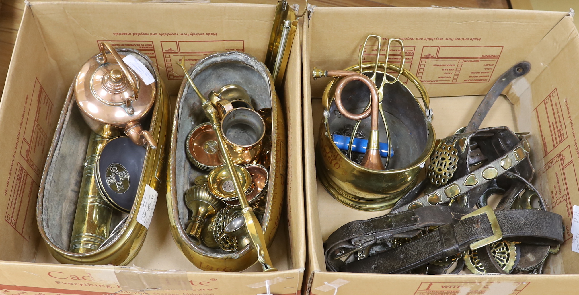 A collection of metalware including a pair of brass planters, a copper kettle